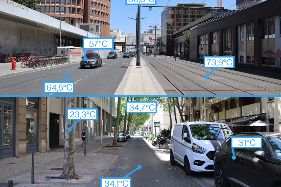 Différence de températures entre ces deux rues du 3e arrondissement de Lyon sous les fortes chaleurs. (©TZ / Actu Lyon)